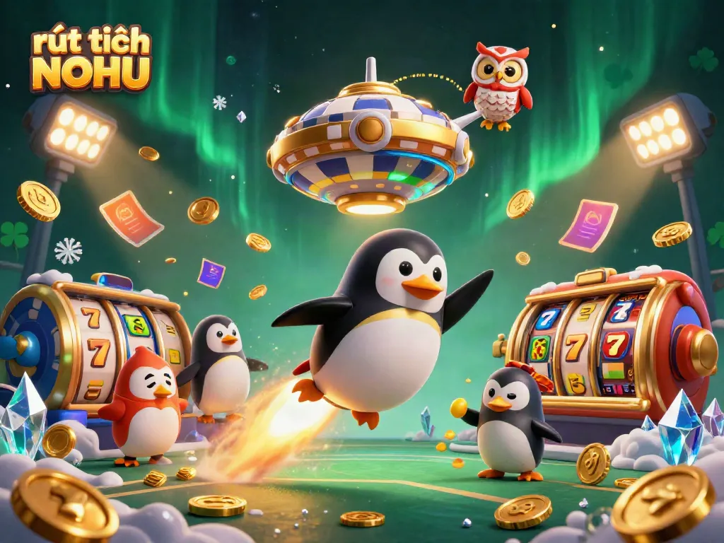 Experience rút tiền NOHU in a vibrant 3D scene with a penguin, gambling elements, and cosmic details.