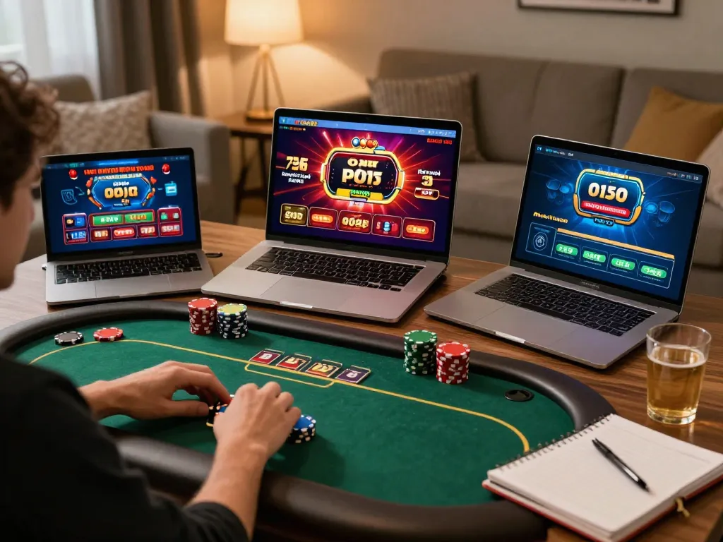 TX88 poker app gameplay on a laptop with strategy notes and drinks nearby, showcasing responsible gambling.