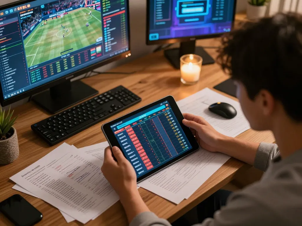 bl555 user engaging in sports betting while reviewing strategies on tablet, showcasing an inviting home office atmosphere