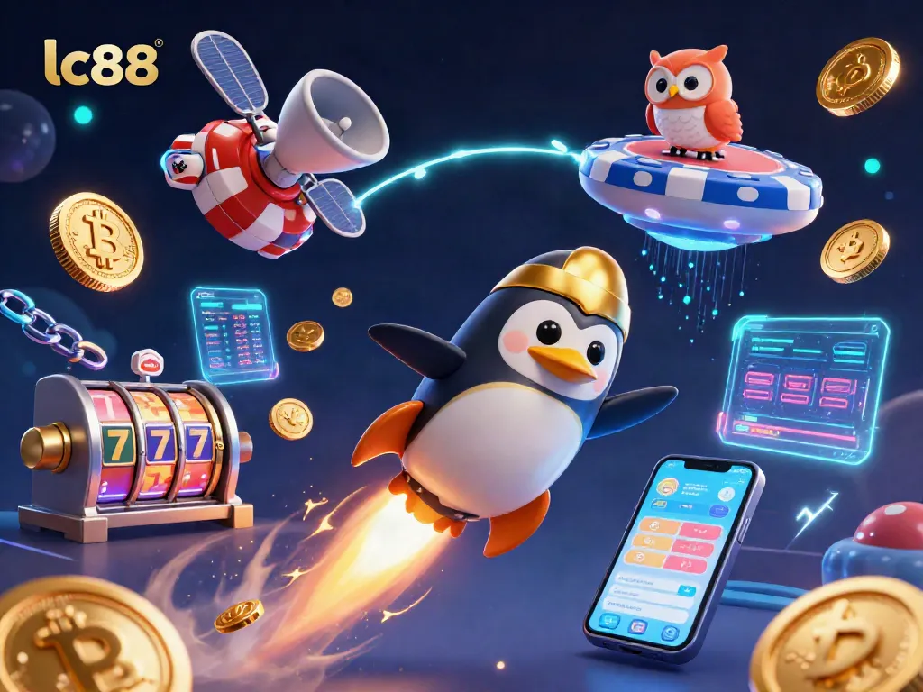 Spin the reels at lc88 with a golden penguin racing towards a vibrant poker chip casino in space.