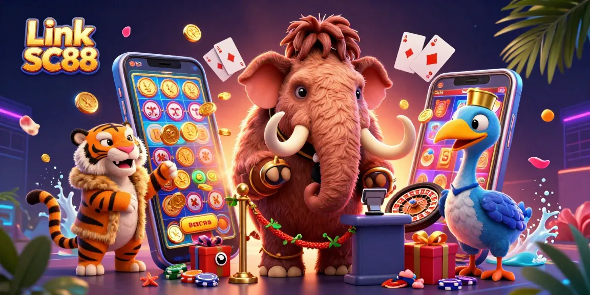 Experience the excitement at Link SC88 with a vibrant casino scene featuring unique characters and dynamic gaming elements.