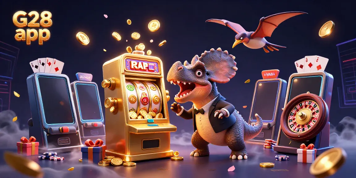 Engage with the G28 app as a pachycephalosaurus wins a jackpot at a vibrant casino scene.