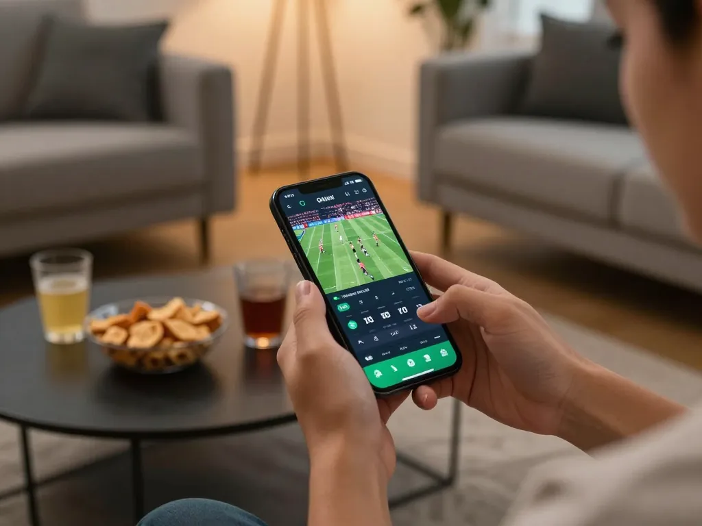 Activate sports betting action with https://c168b.com/ smartphone app in a cozy living room