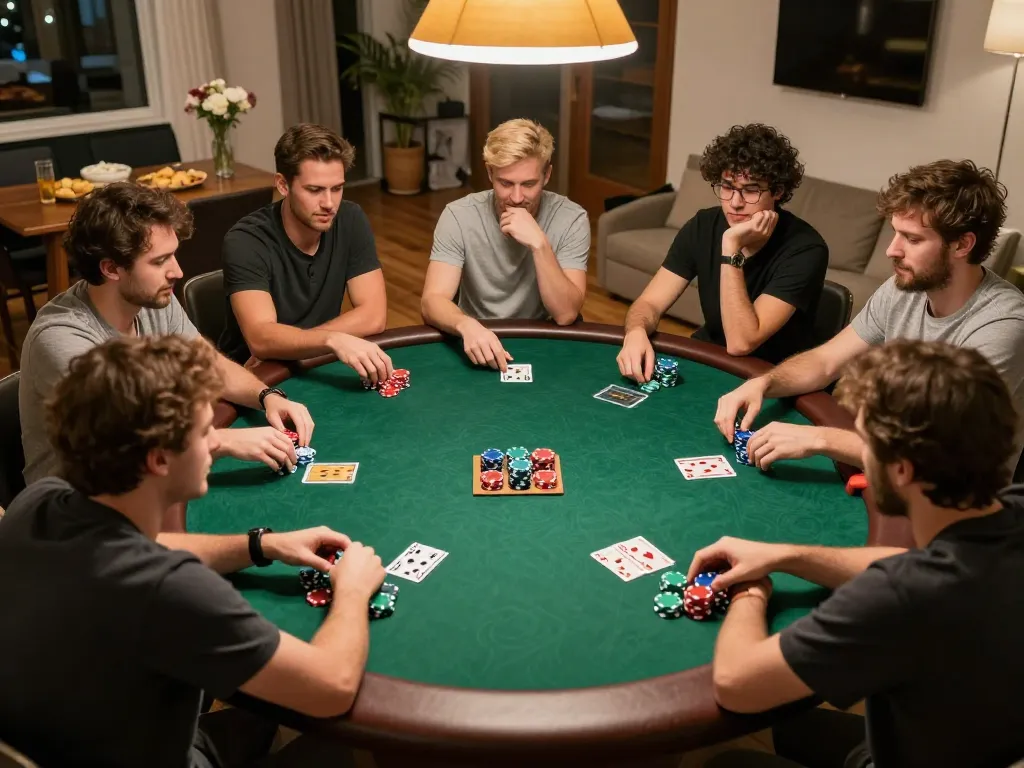 Players engaged in a captivating poker game at home, with VU88 chips in view, showcasing excitement and strategy.