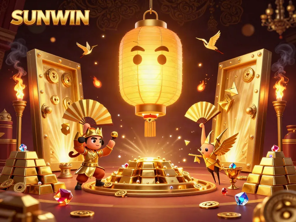SUNWIN symbolizes excitement and fun in a vibrant 3D casino scene with radiant golden treasures.