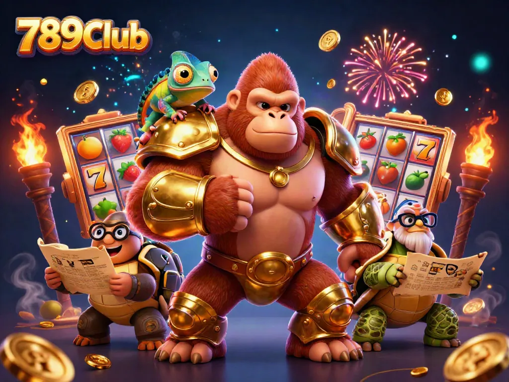 Hit the jackpot with the 789Club, featuring a cartoon gorilla king, chameleon, and tortoise in a thrilling gaming scene.