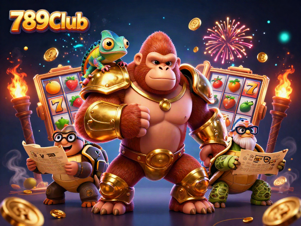 Hit the jackpot with the 789Club, featuring a cartoon gorilla king, chameleon, and tortoise in a thrilling gaming scene.