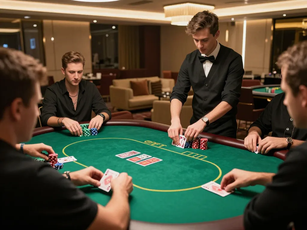 Engaged players strategizing their next move at Oxbet poker table in a luxurious casino.