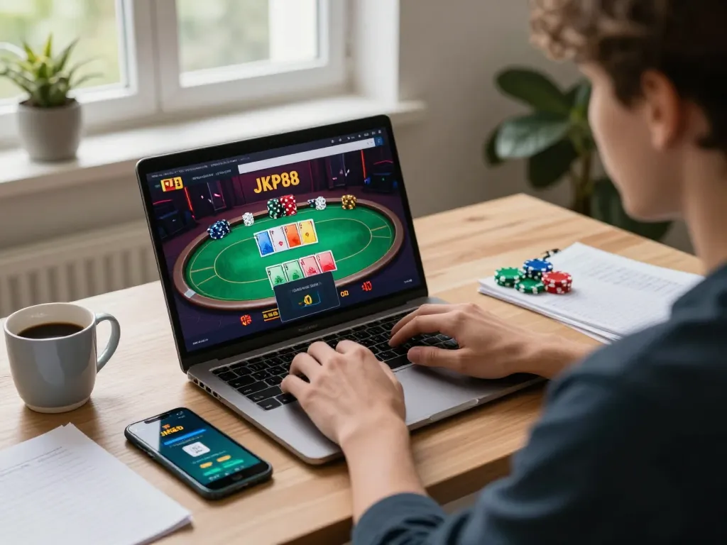 Player enjoying JKP88 online casino gaming with poker scene on laptop.
