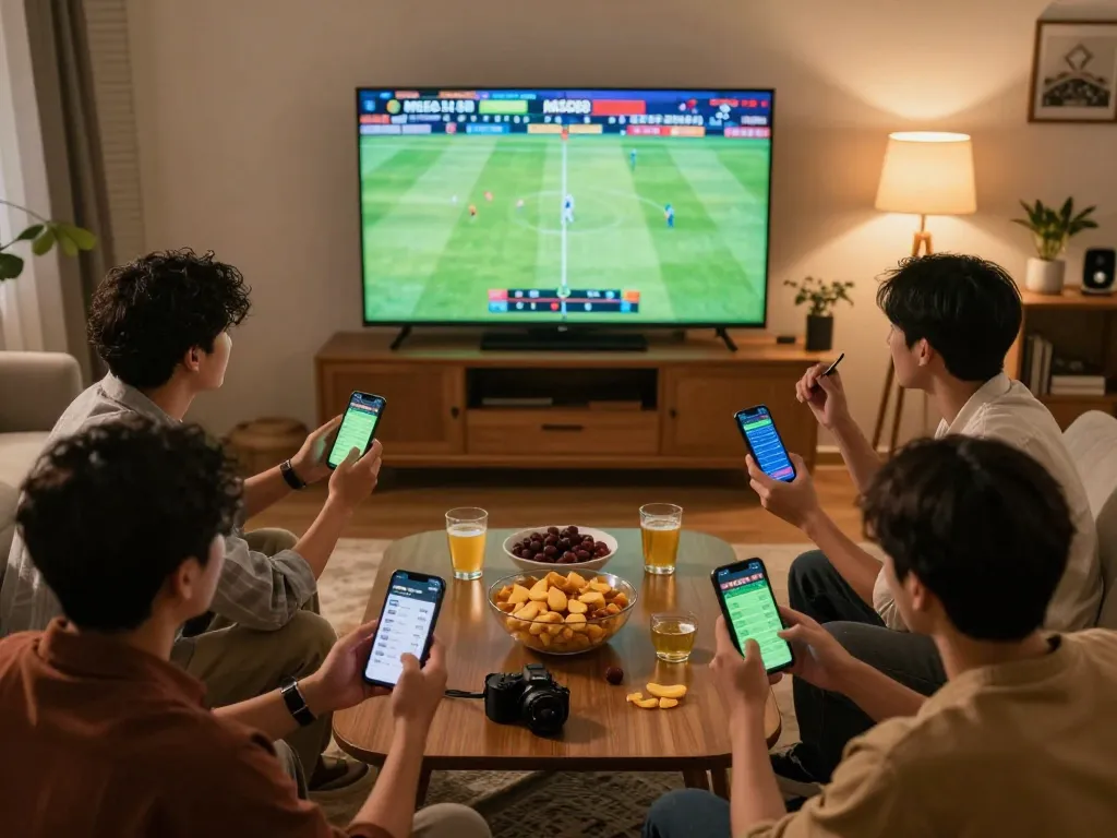 Friends cheering while betting on sports using MISO88 app in a lively home setting.