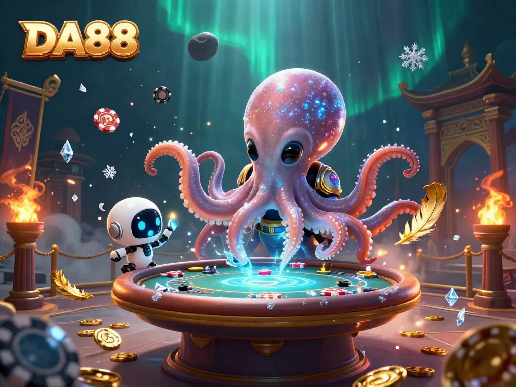 DA88 showcases a thrilling 3D scene of an octopus playing poker with vibrant casino elements.