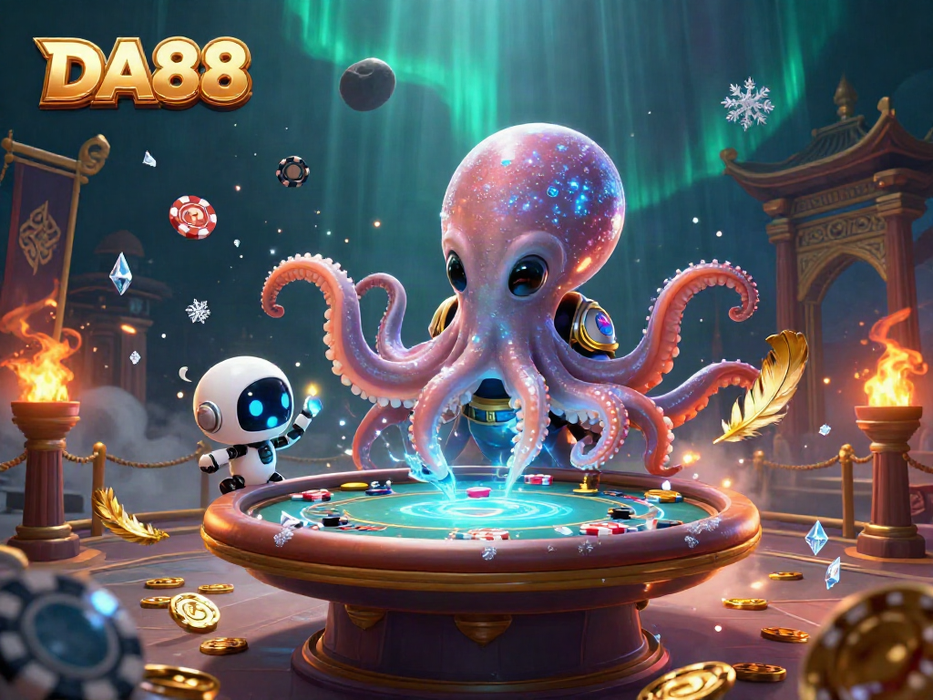 DA88 showcases a thrilling 3D scene of an octopus playing poker with vibrant casino elements.
