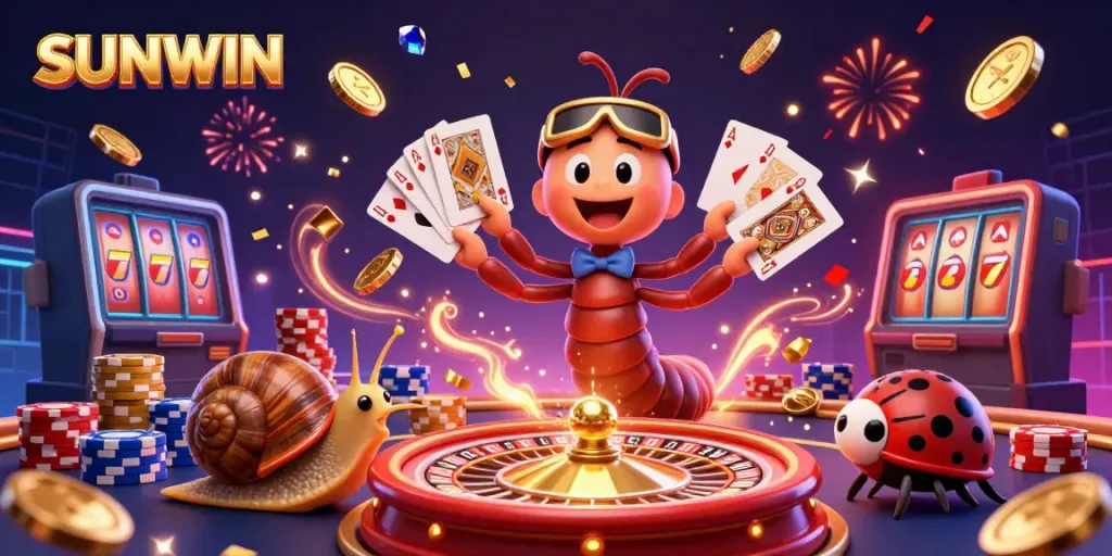 Experience the thrill of SUNWIN with a vibrant casino scene, showcasing playful characters and exciting game elements.