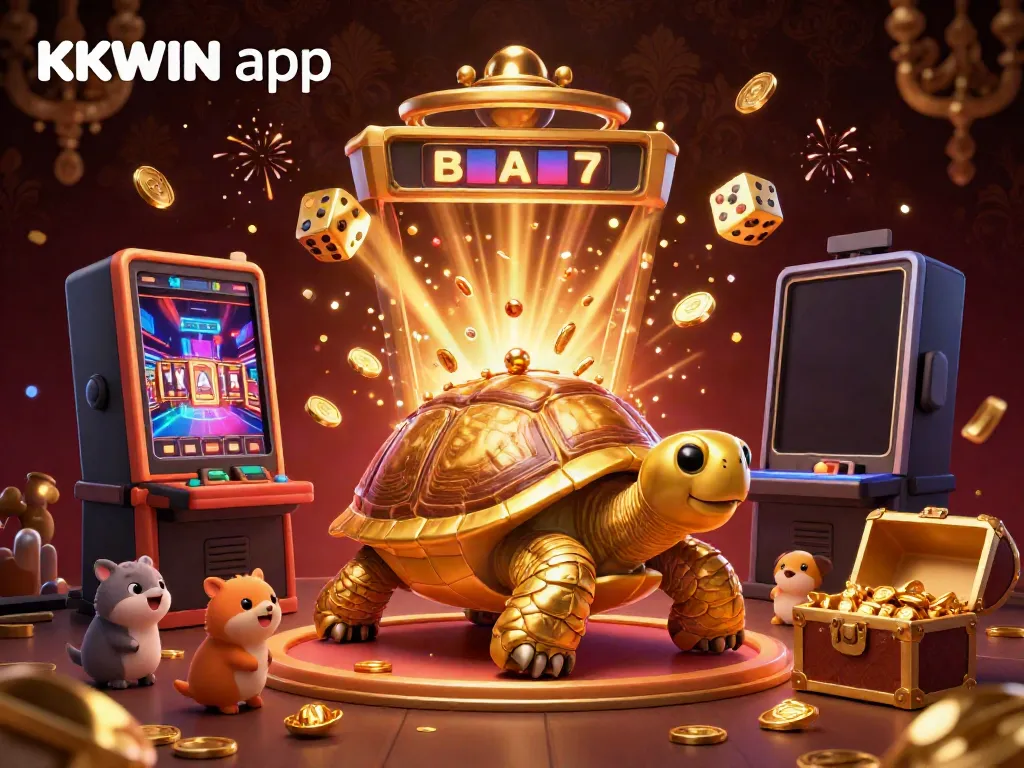 Experience the excitement of the KKWIN app with a captivating scene of a golden tortoise and slot machine bursting with rewards.