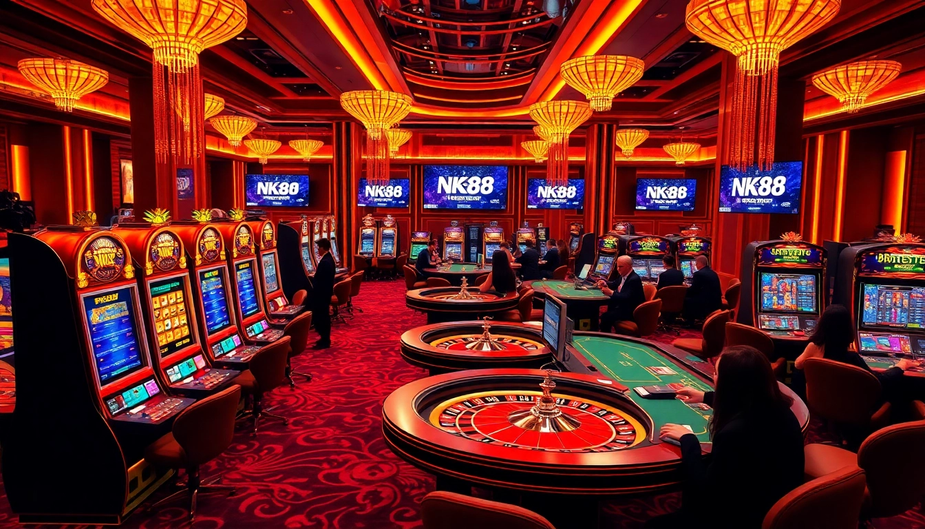 Experience the thrill of gambling at NK88 with luxurious casino tables and eager players.