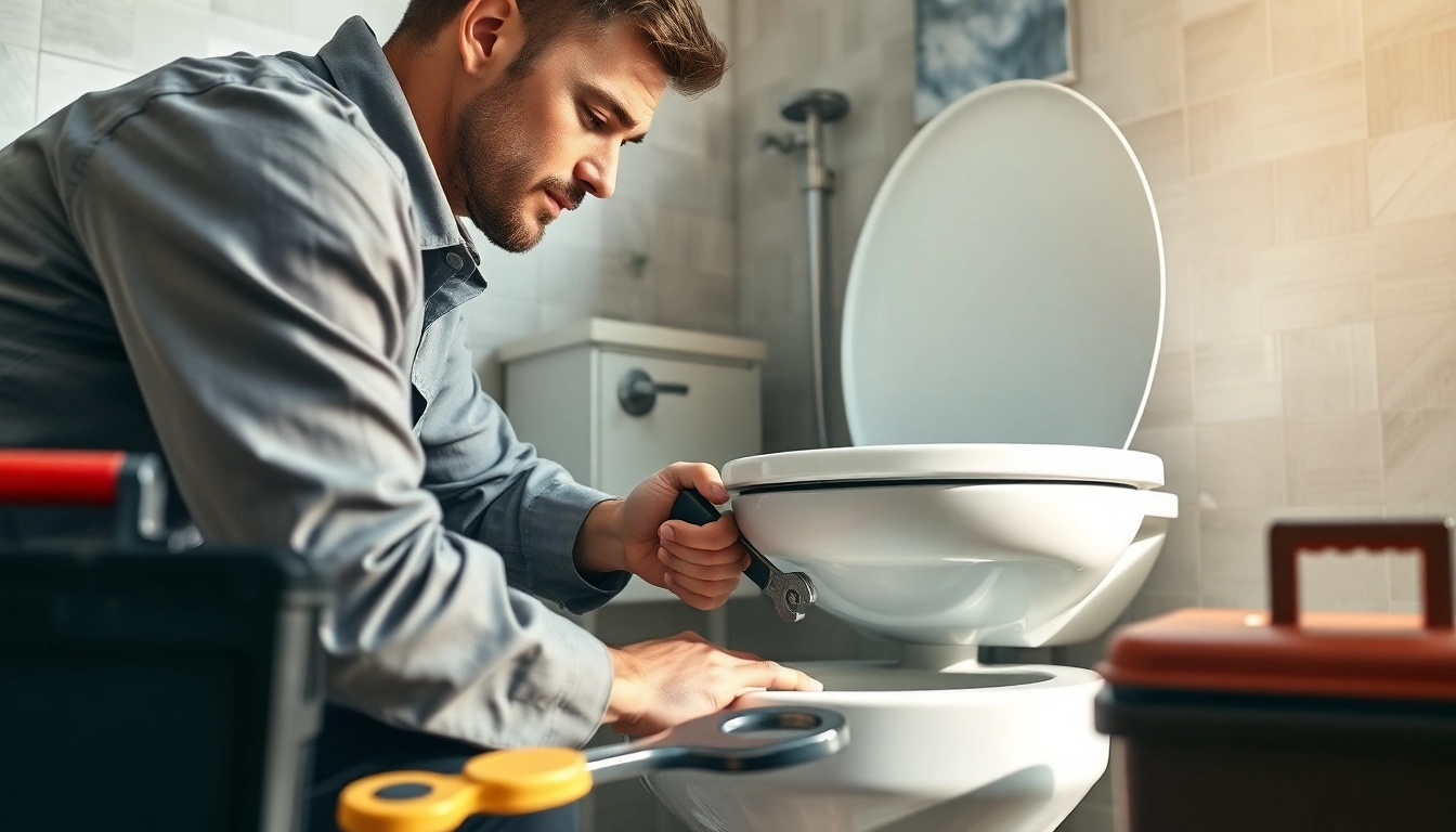 Toilet repair in Toronto with a skilled plumber fixing a modern toilet in a well-lit bathroom.