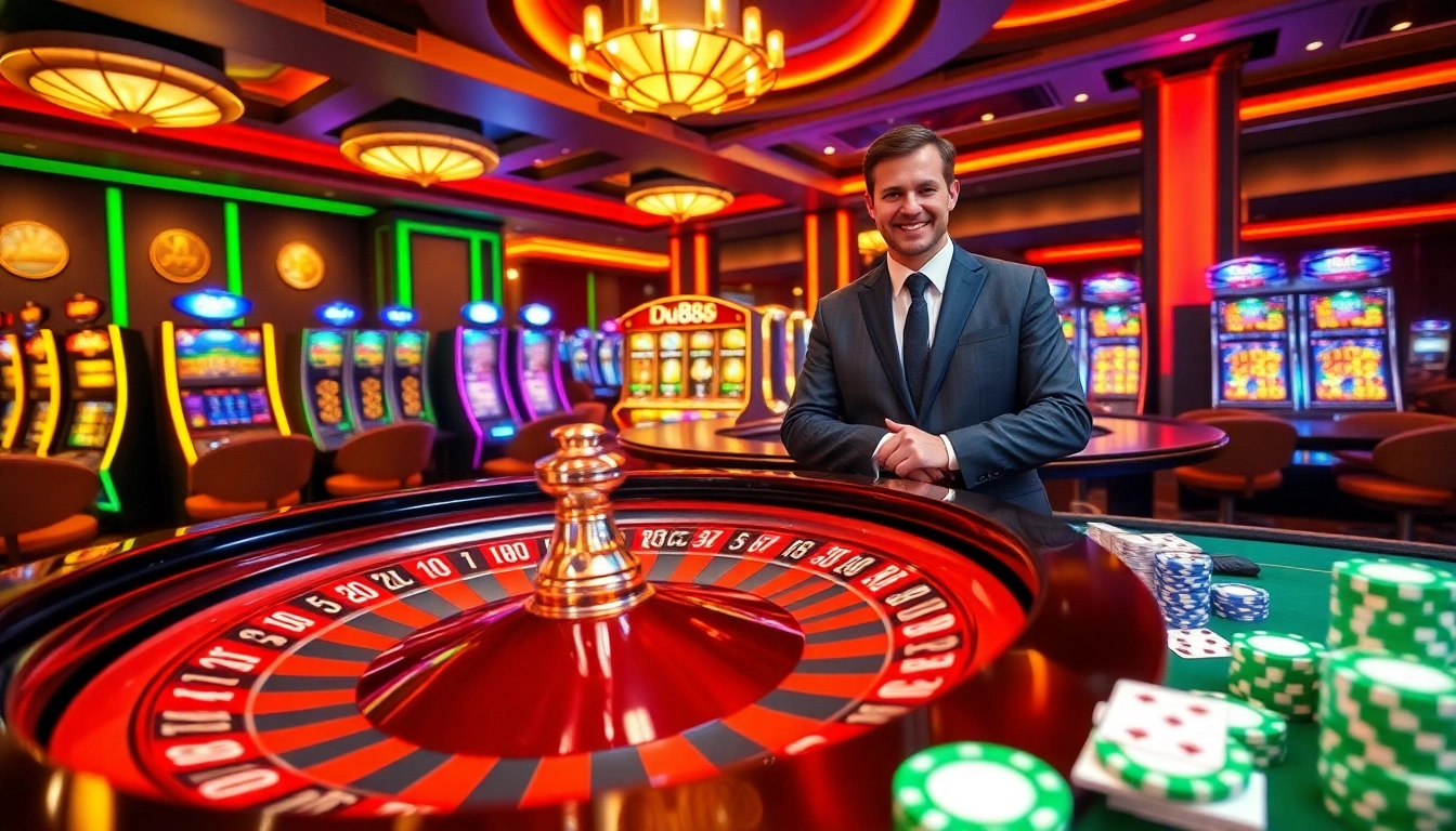 Exciting casino scene featuring Du88 roulette wheel with vibrant poker chips and cards.
