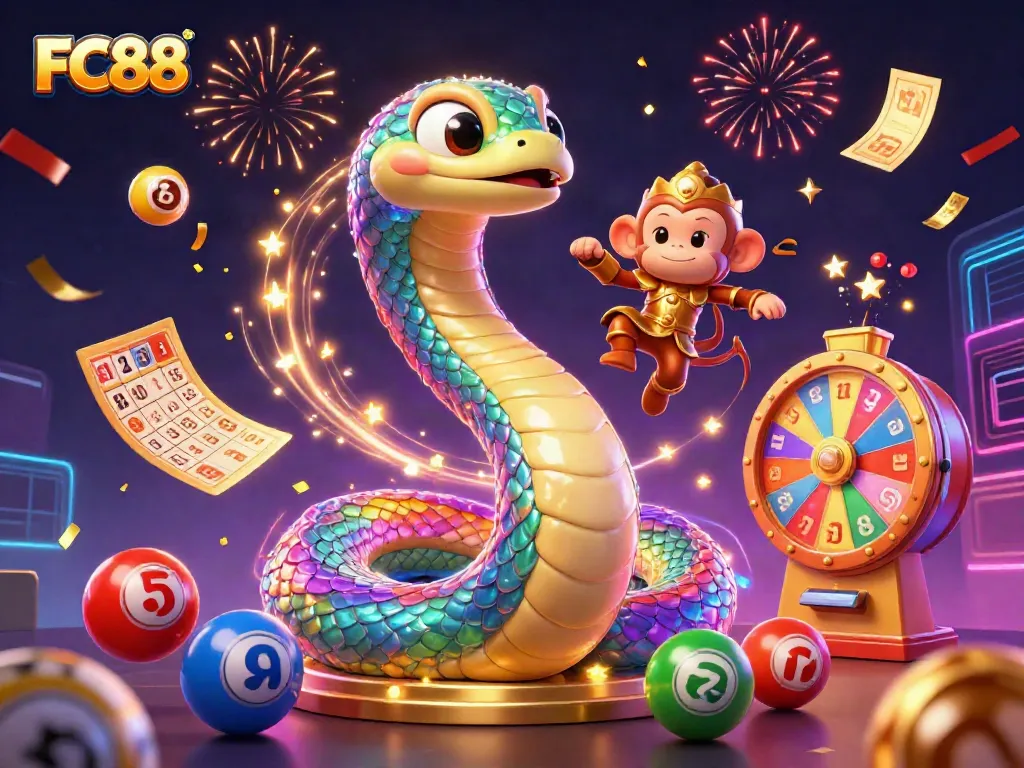 Experience the excitement of FC88 with a vibrant, dynamic illustration of thrilling casino games and magical elements.