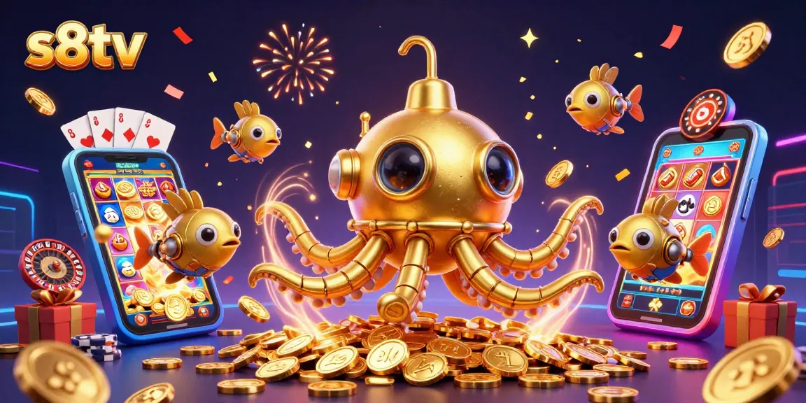 Experience thrilling action with s8tv as a golden kraken submarine emerges from coins surrounded by gaming elements.