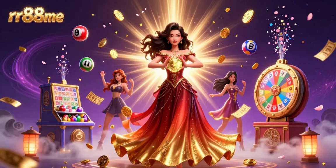 Experience thrilling wins at rr88me with vibrant 3D casino illustration featuring golden coins and dynamic lottery elements.