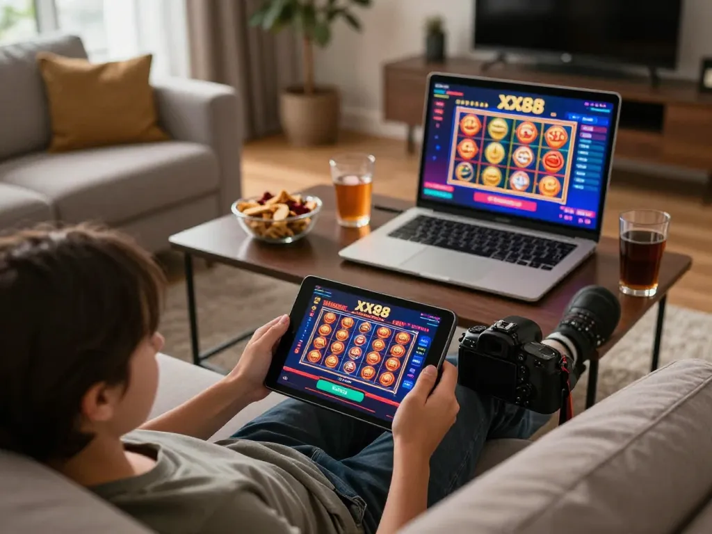 Engaging with the XX88 casino interface on a tablet in a cozy home setting.