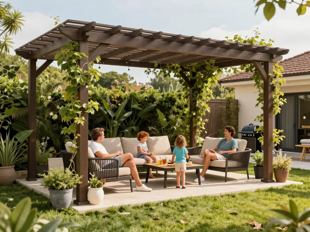 Family enjoying a newly designed outdoor pergola using Pergola Sales Software for real-time configuration and visualization.