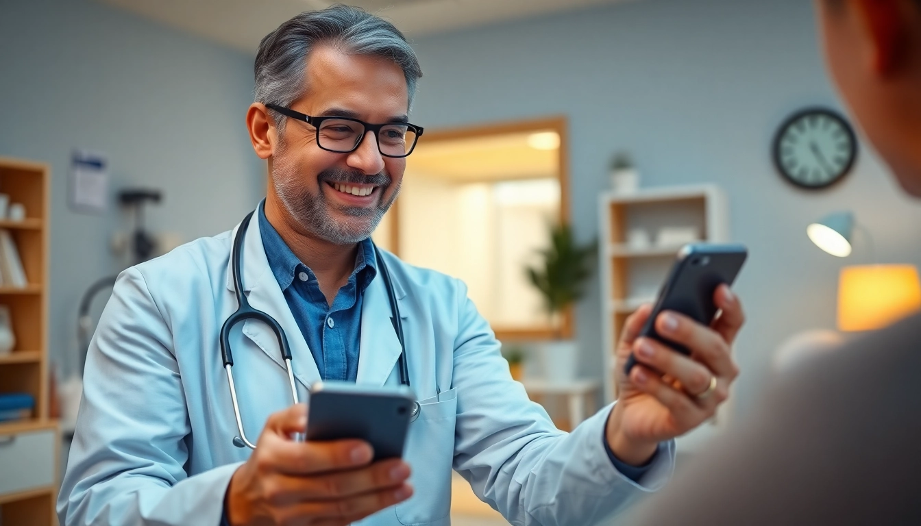 Message a doctor online 24/7 with a professional doctor and patient in a healthcare setting.