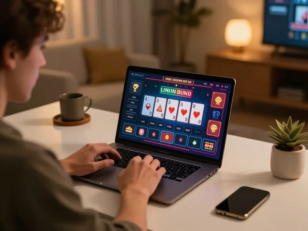 Player enjoying online VIP79 casino games on laptop in a cozy home environment.