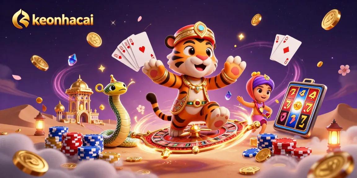 Embark on thrilling betting adventures with keonhacai's magical Arabian Nights-themed casino scene, featuring a sultan and slot machines.