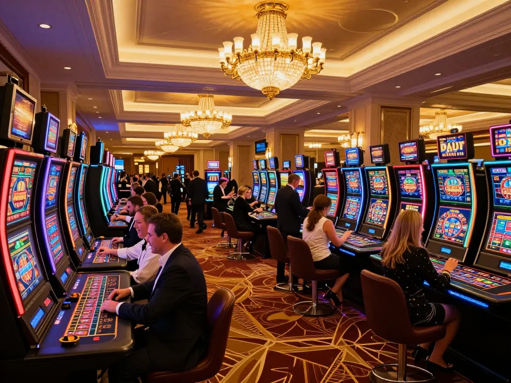 Experience the excitement of Rik88 in a luxurious casino hallway filled with vibrant gaming options.