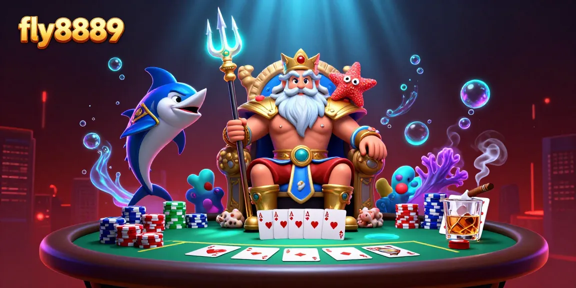Experience the thrill of fly8889 with Neptune and samurai in a vibrant casino scene.