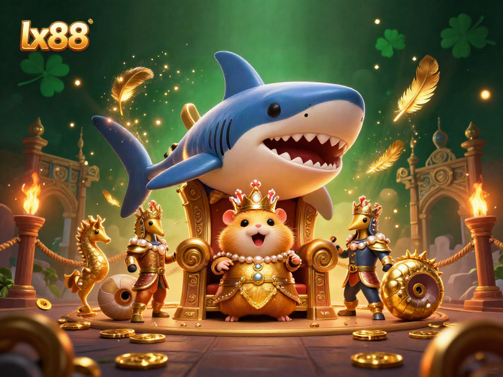 Experience the vibrant gaming world of lx88 with a fierce hamster king and royal characters amidst golden treasures and dazzling casino elements.
