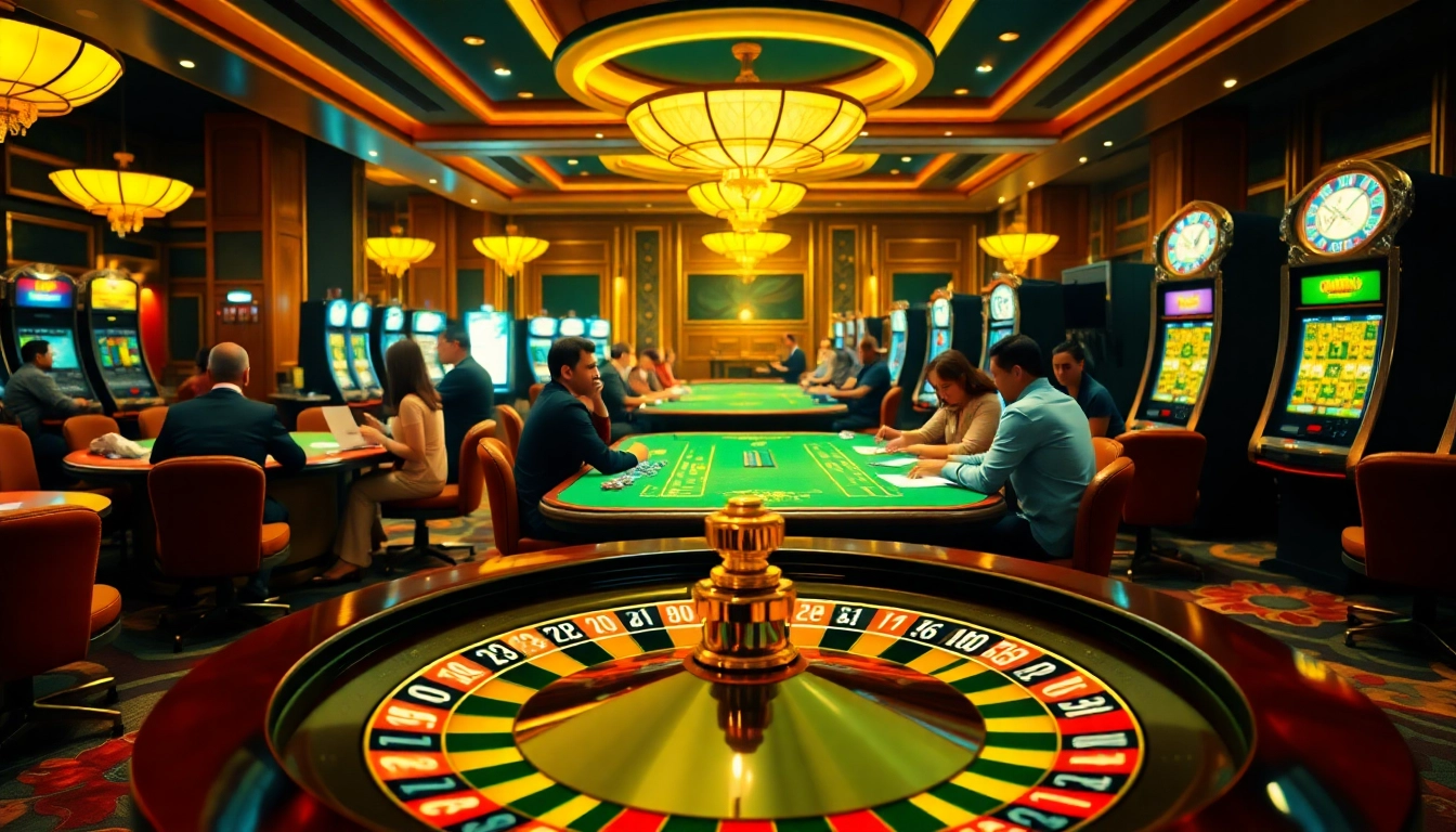 C168 Casino players enjoying vibrant casino games, including roulette and slots, in a luxurious setting.