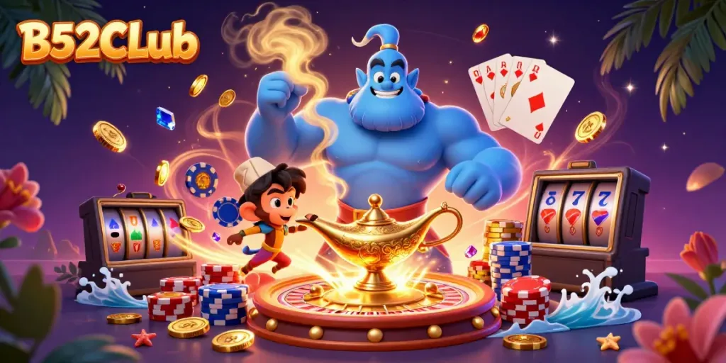 B52CLub showcases a vibrant casino scene with a genie, monkey, and magic carpet surrounded by gambling elements.