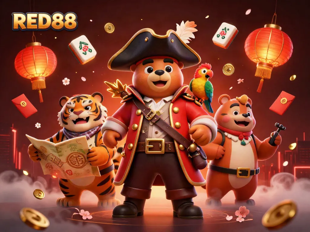 Win big with RED88 in a dynamic casino scene featuring pirate and tiger characters.