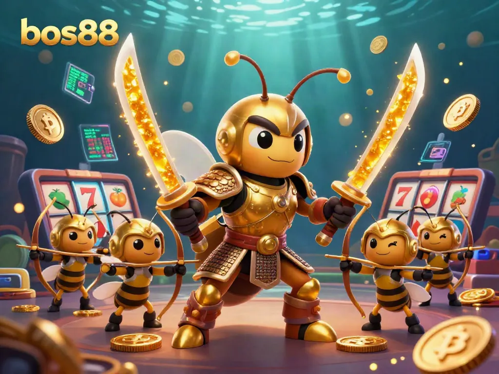Engage in thrilling gameplay at bos88 with a vibrant 3D cartoon illustration showcasing exciting casino elements, slot reels, and crypto coins.