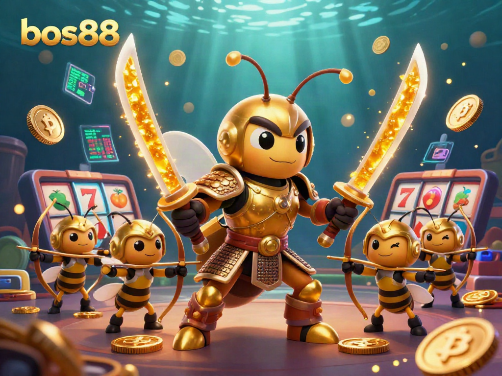 Engage in thrilling gameplay at bos88 with a vibrant 3D cartoon illustration showcasing exciting casino elements, slot reels, and crypto coins.