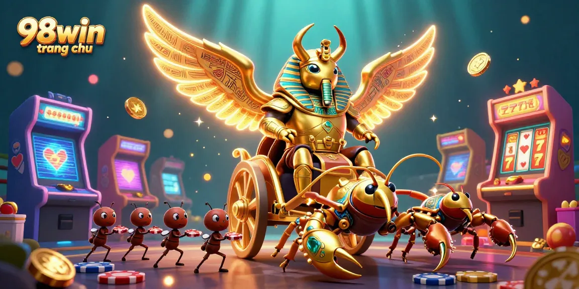 Experience the excitement of 98win trang chu with a golden scarab beetle leading a gambling adventure.