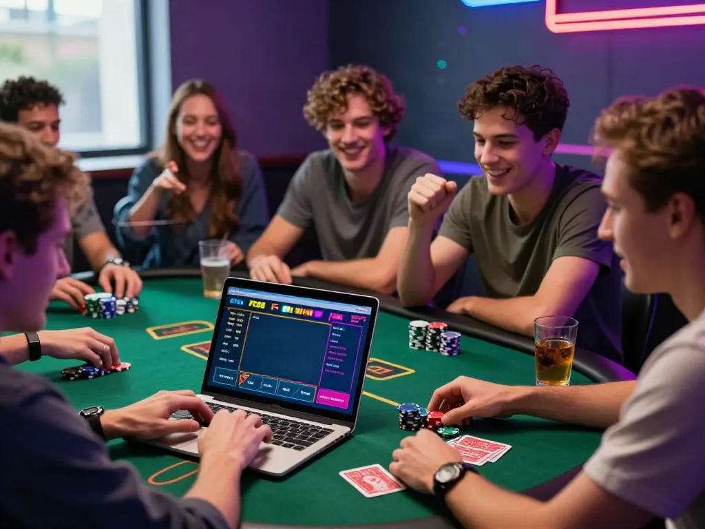 Experience the excitement of online betting at https://fc88v1.com/ with friends enjoying poker and vibrant gaming atmosphere.