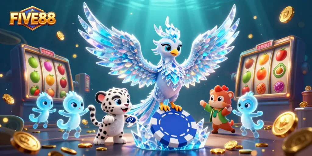 Experience mystical fun at FIVE88 with a vibrant 3D casino scene featuring playful characters and dynamic slot elements.