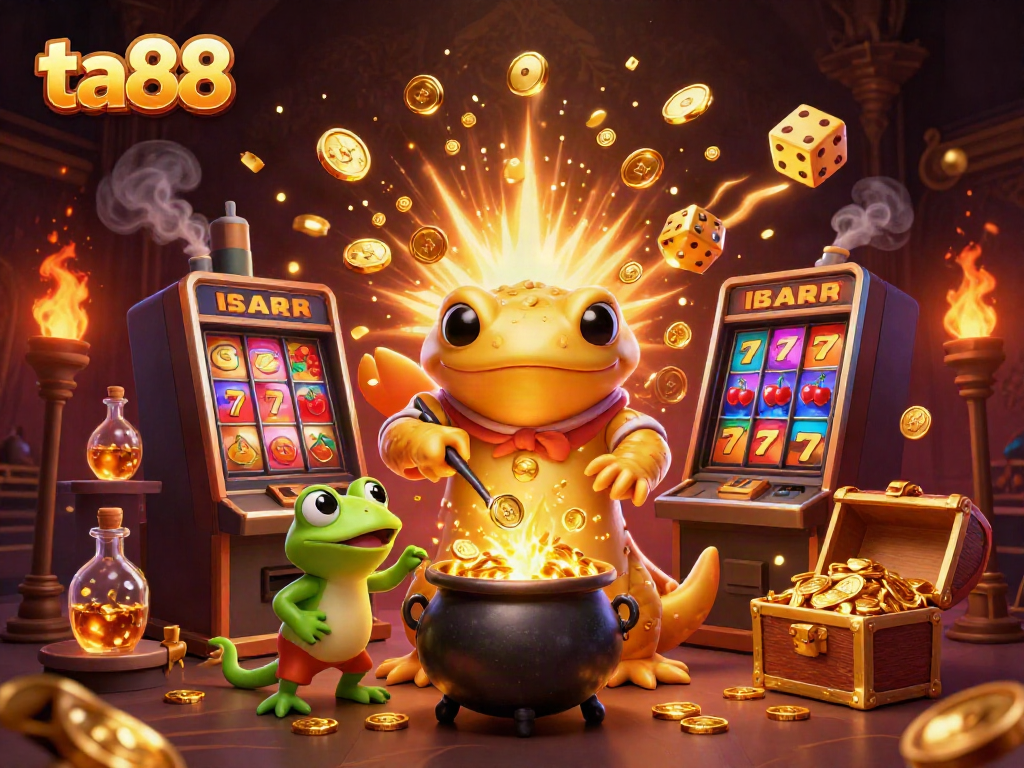 Experience the magic of ta88 with golden coins, slot machines, and vibrant casino action in a 3D scene.