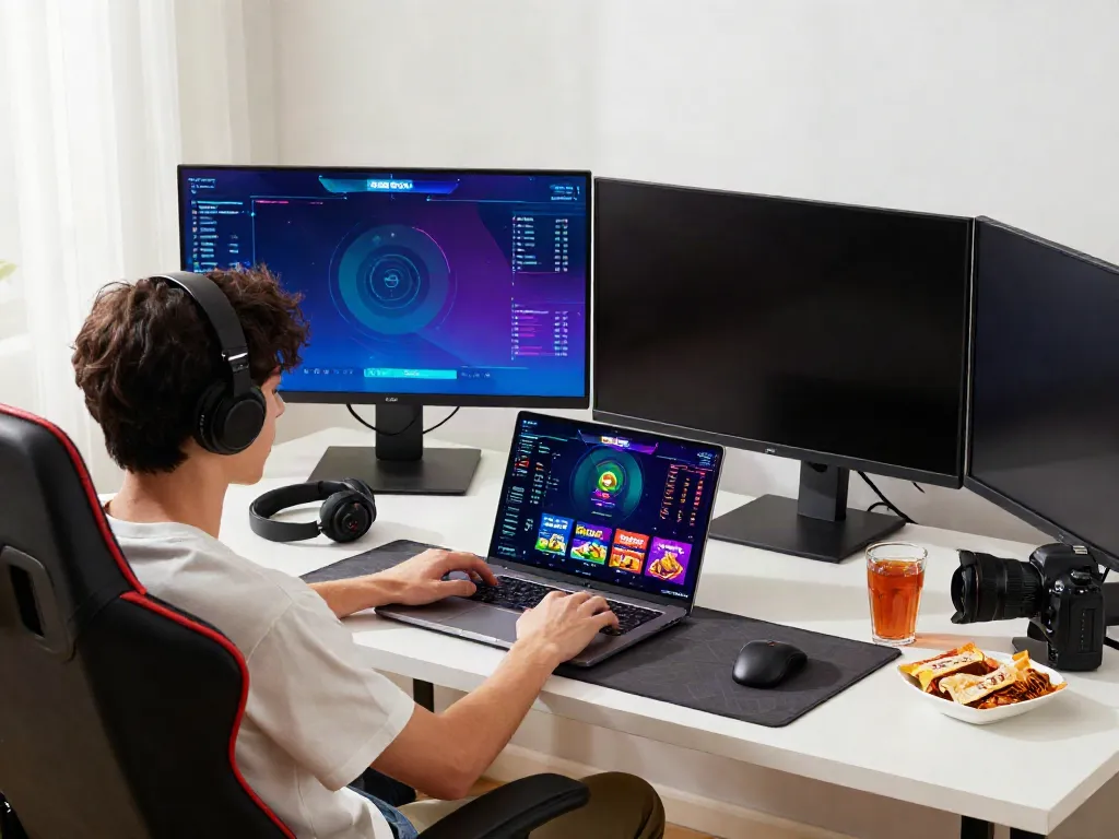 Engaged user on man88 platform, sports betting on sleek laptop in stylish home office.