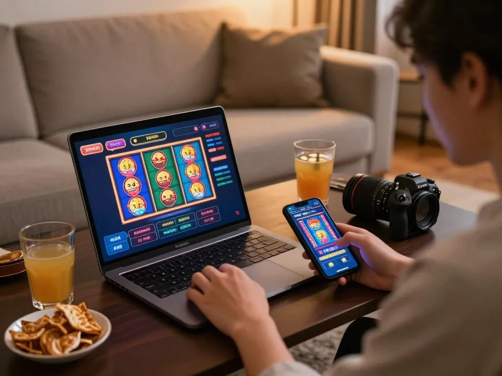 Engaging in online gambling at one88 while using a laptop and smartphone for a virtual casino experience.