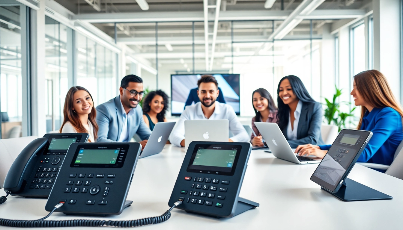 Showcase the best business phone providers in a modern office setting with a diverse team collaborating.