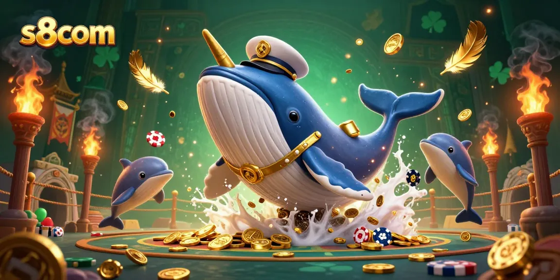 S8com captivates with a vibrant 3D illustration of a whale breaching through coins in a magical casino scene.