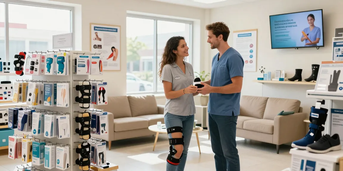 Customer discussing orthopedic supplies with a professional in a bright, welcoming store.