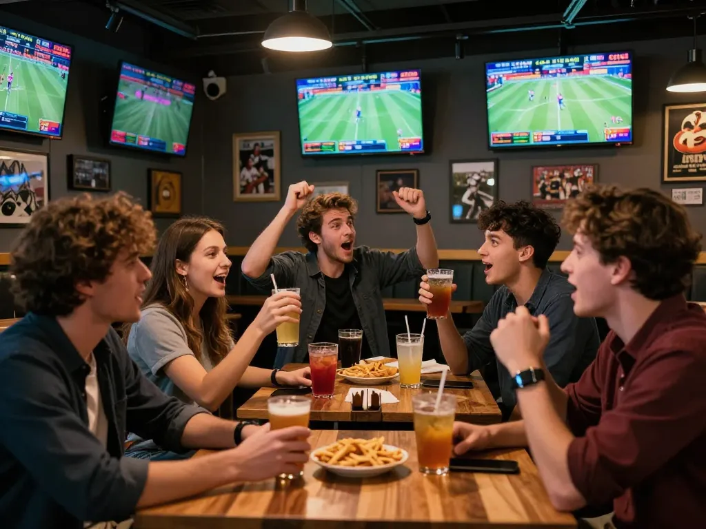 Group of friends placing bets at 11BET sports bar during live games, showcasing excitement and engagement