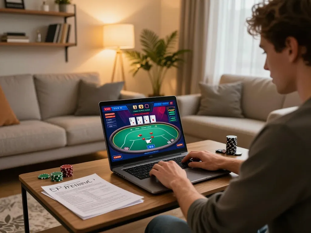 Experience the thrill of online poker with 23Win on a cozy home setup as players engage strategically.