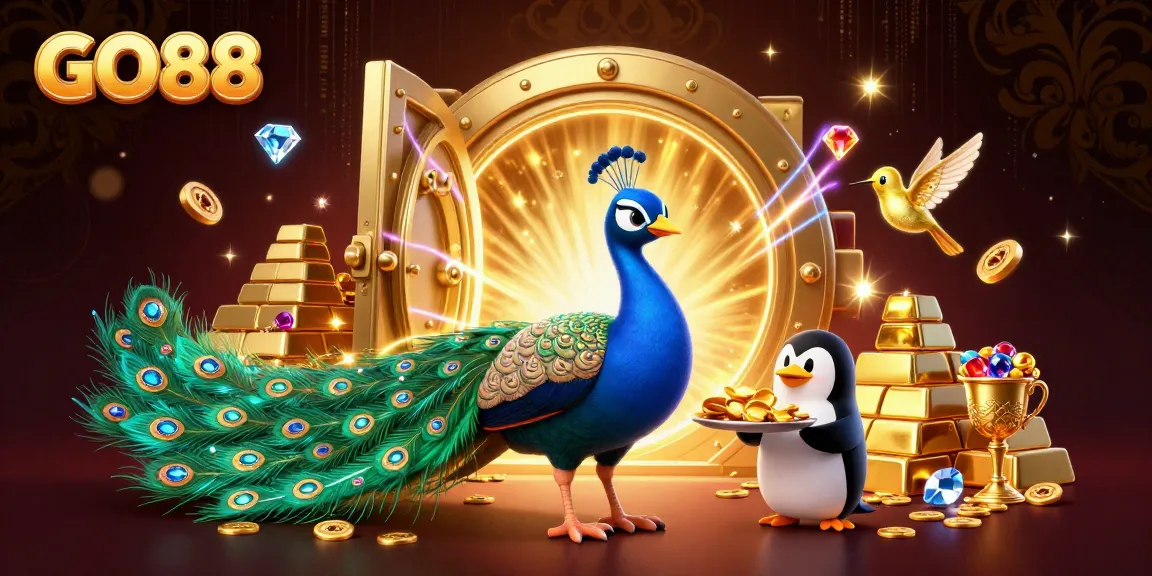 Experience excitement with GO88's opulent treasures, showcasing 3D characters and dynamic casino elements.