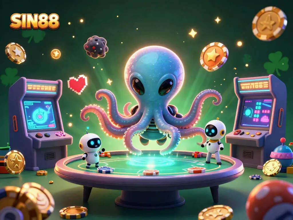 SIN88 showcases an alien octopus playing poker in a vibrant casino scene filled with game elements.